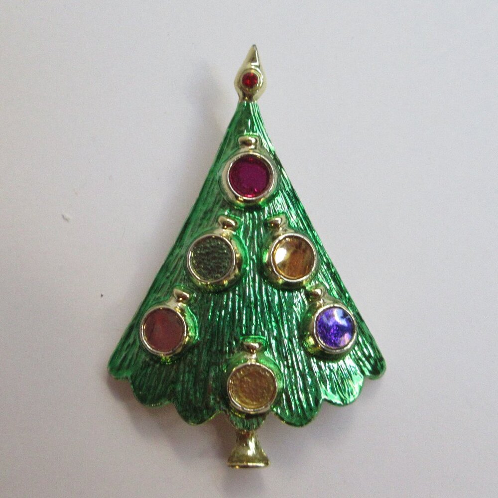 BJ Beatrix Gold Tone Green Enamel Christmas Tree Colorful Ornaments Brooch Pin